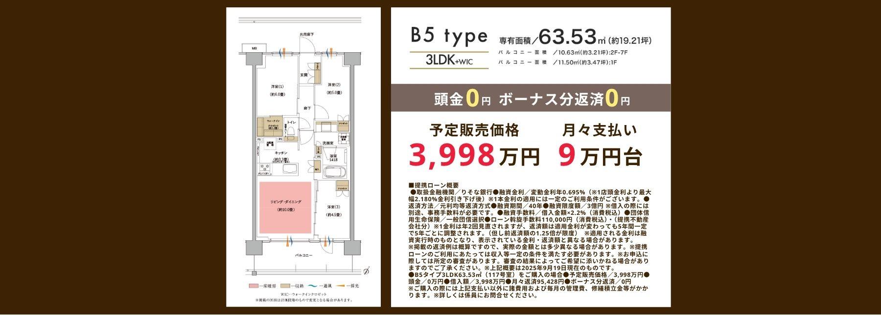 B5タイプ　63.53㎡　予定販売価格3,998万円　月々支払い9万円台